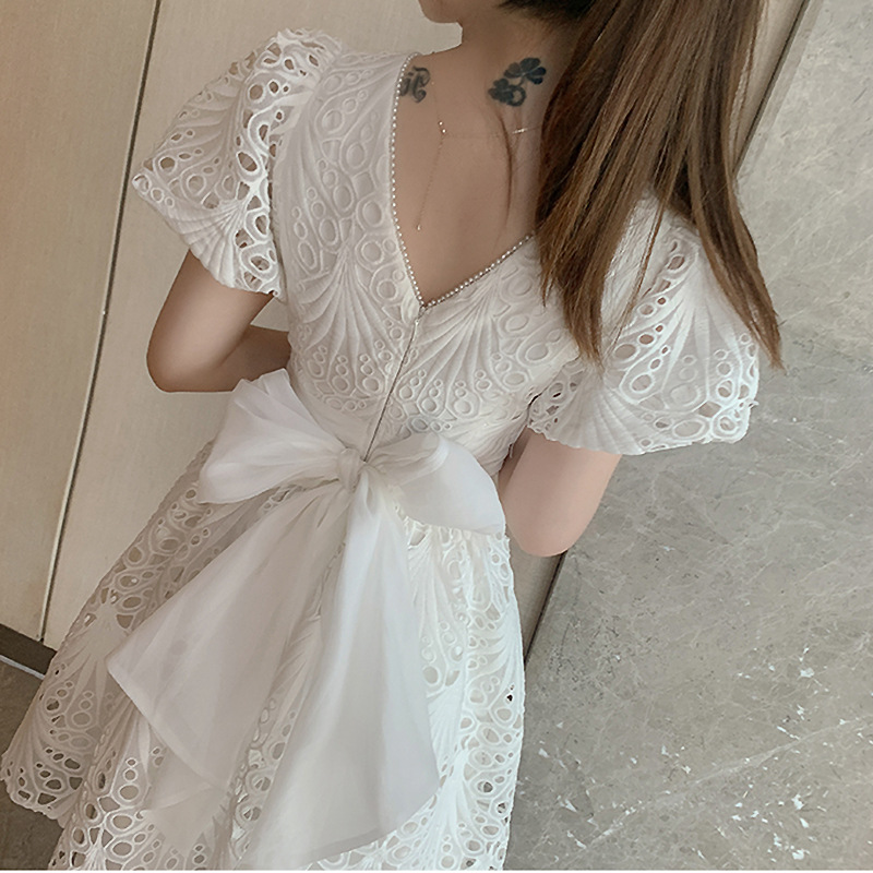 Puff sleeve pinched waist summer white lace dress