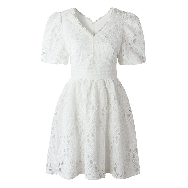 Puff sleeve pinched waist summer white lace dress