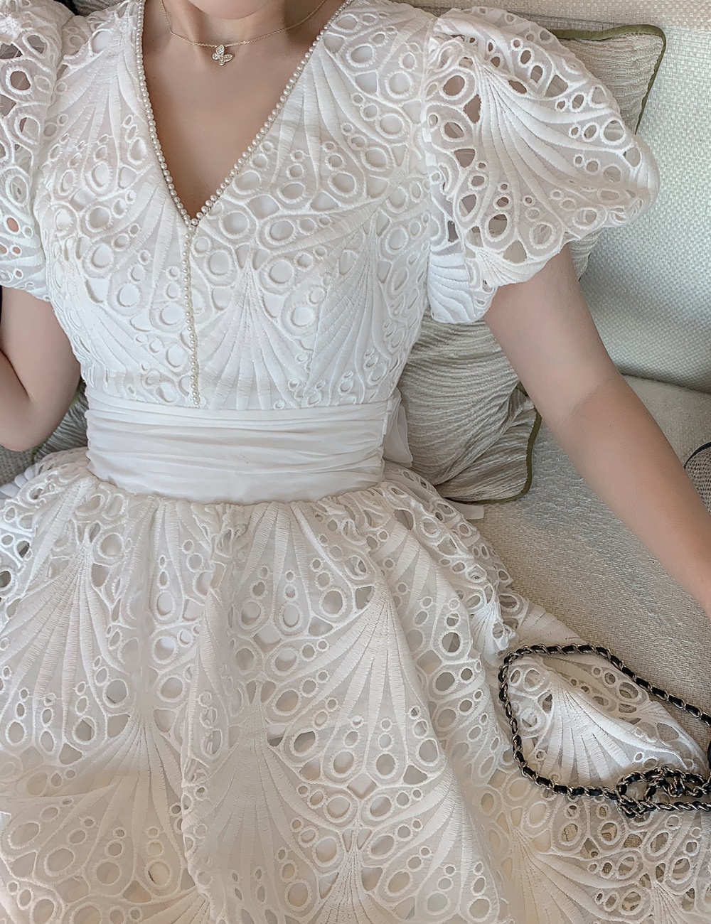 Puff sleeve pinched waist summer white lace dress