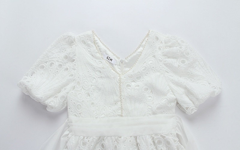 Puff sleeve pinched waist summer white lace dress