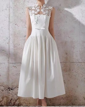 Niche slim lace dress splice big skirt white long dress