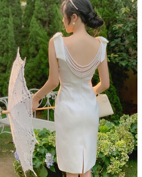Slim bow white dress halter pearl evening dress