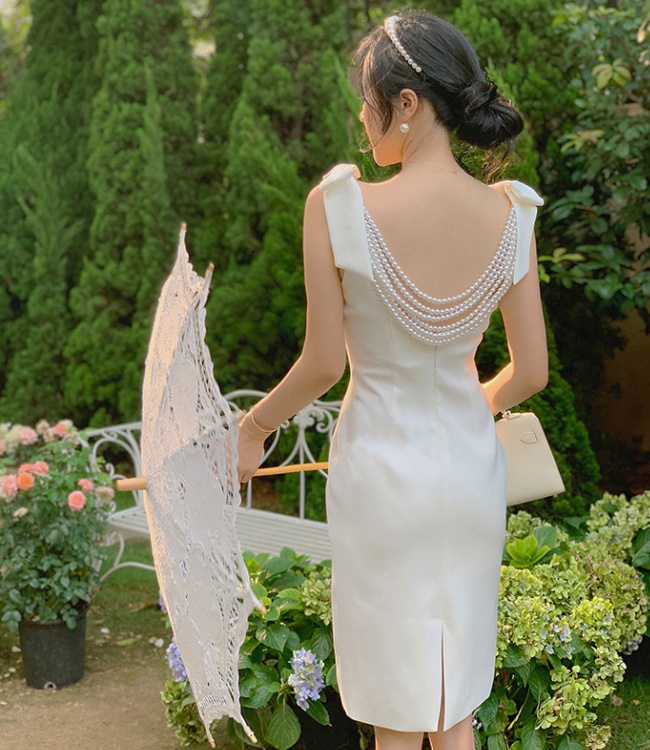 Slim bow white dress halter pearl evening dress