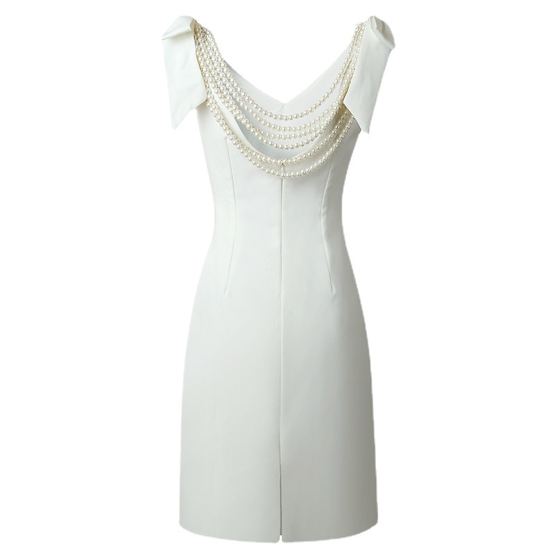 Slim bow white dress halter pearl evening dress