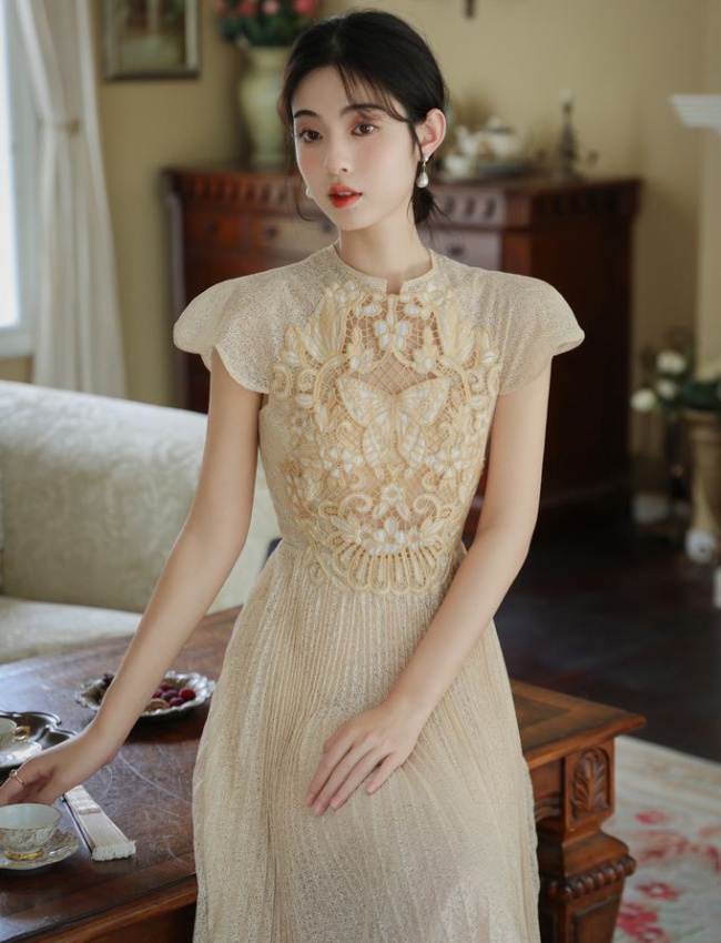 Short sleeve vacation long dress hollow dress