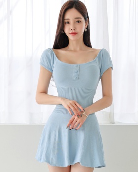 Knitted summer dress square collar T-back for women