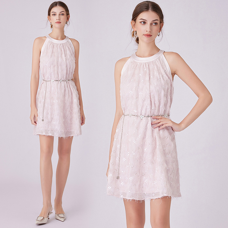 Temperament pinched waist sweet short sequins dress