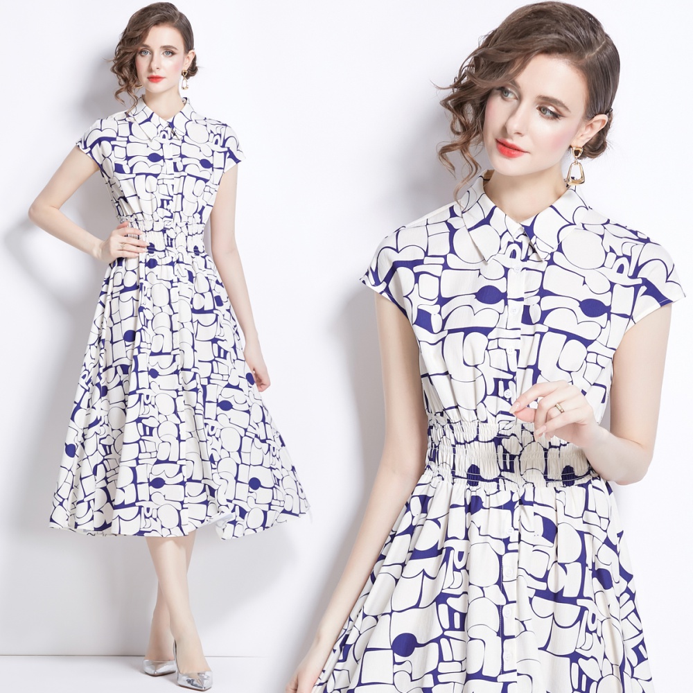 Printing summer pinched waist shirt big skirt long dress