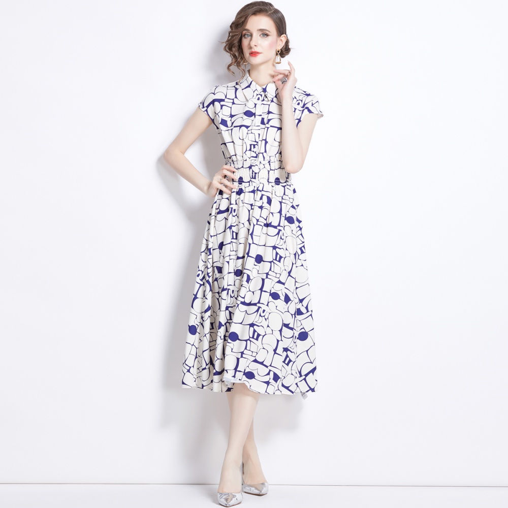 Printing summer pinched waist shirt big skirt long dress