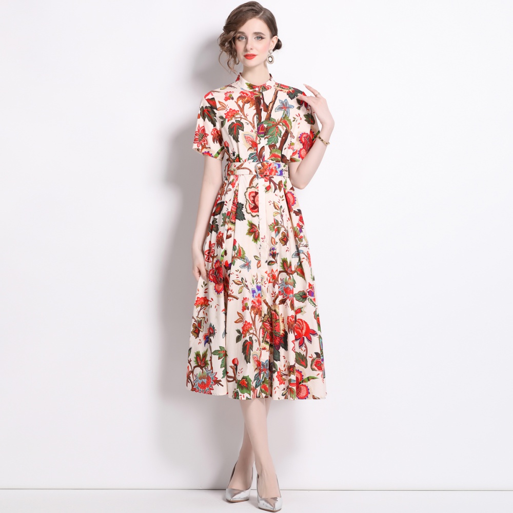 Big skirt A-line pinched waist printing with belt slim dress