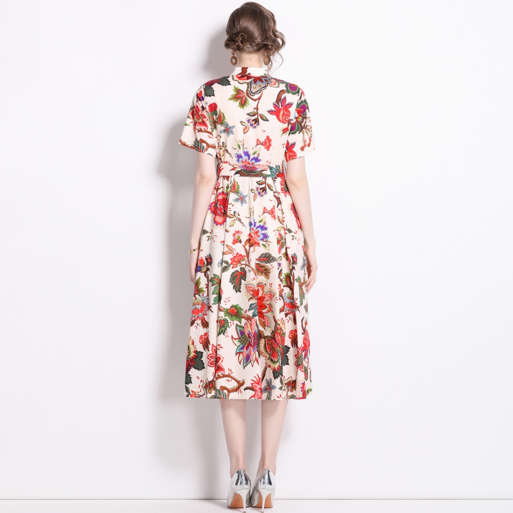 Big skirt A-line pinched waist printing with belt slim dress