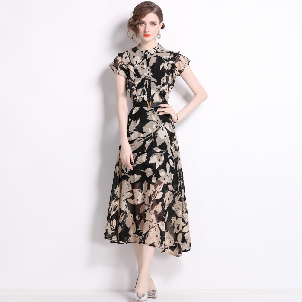 With belt single-breasted butterfly pinched waist frenum dress