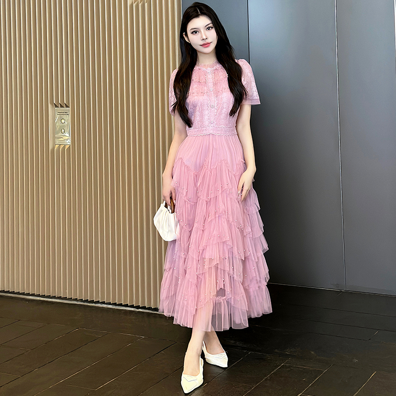 Temperament splice lady beading gauze pinched waist dress