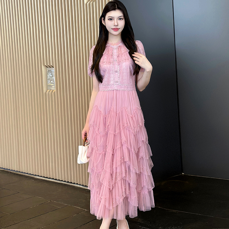 Temperament splice lady beading gauze pinched waist dress