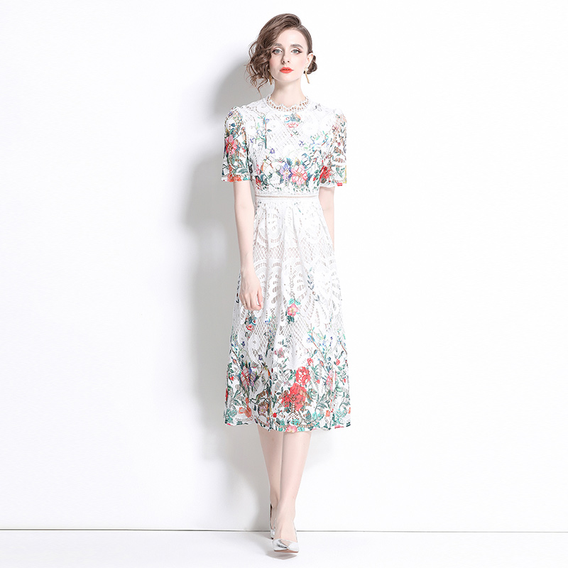 Fashion light luxury lace long slim printing hollow dress