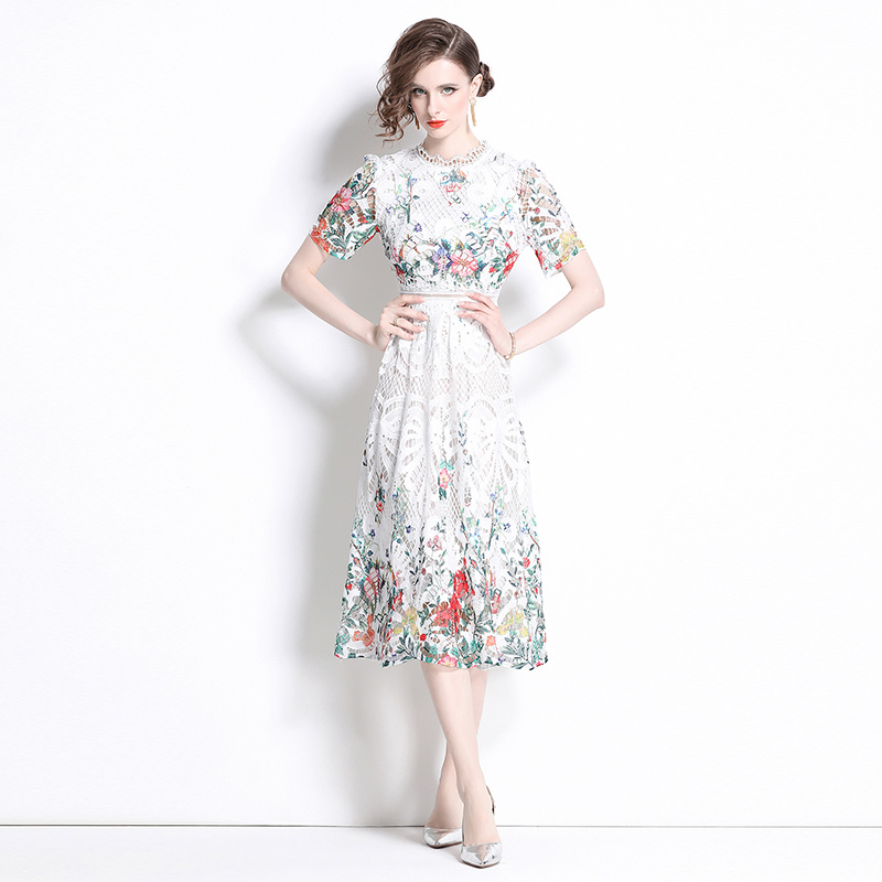 Fashion light luxury lace long slim printing hollow dress