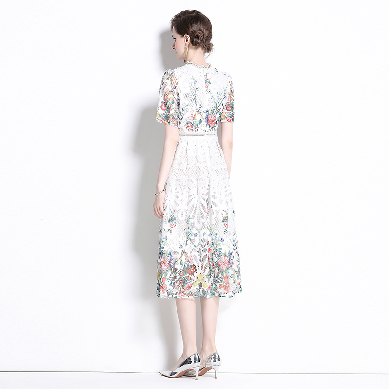 Fashion light luxury lace long slim printing hollow dress