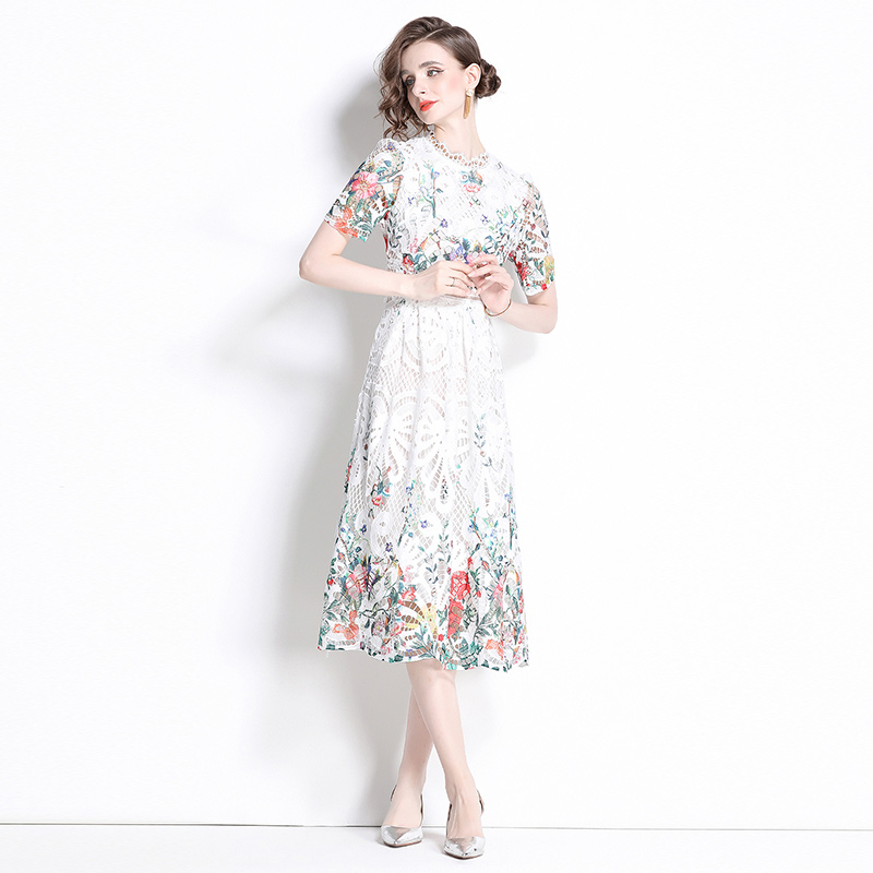 Fashion light luxury lace long slim printing hollow dress