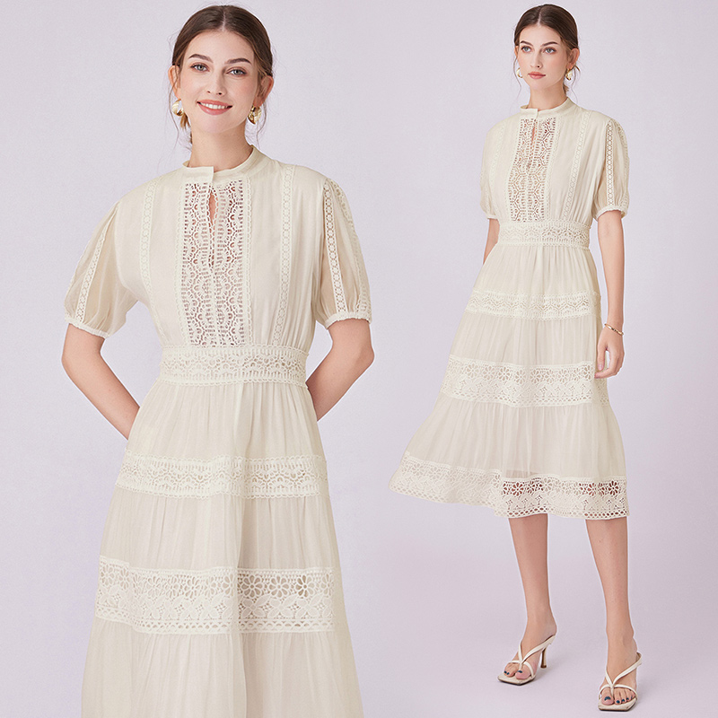 Lace retro France style splice V-neck dress