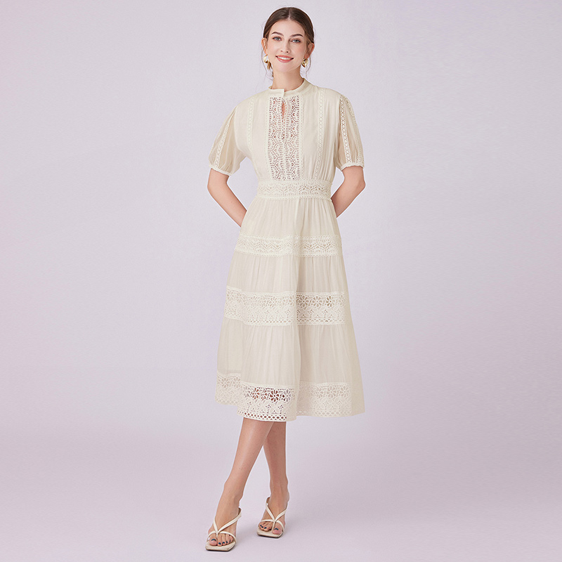 Lace retro France style splice V-neck dress