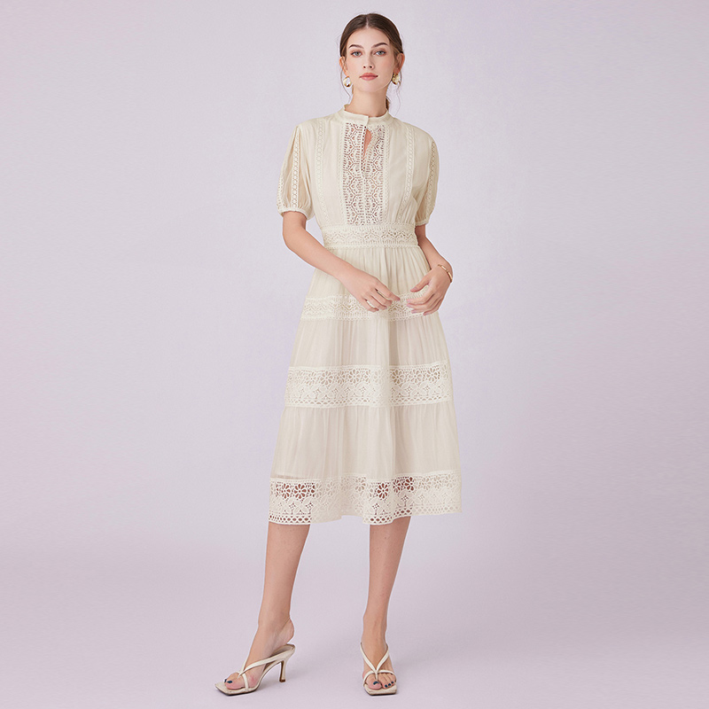 Lace retro France style splice V-neck dress