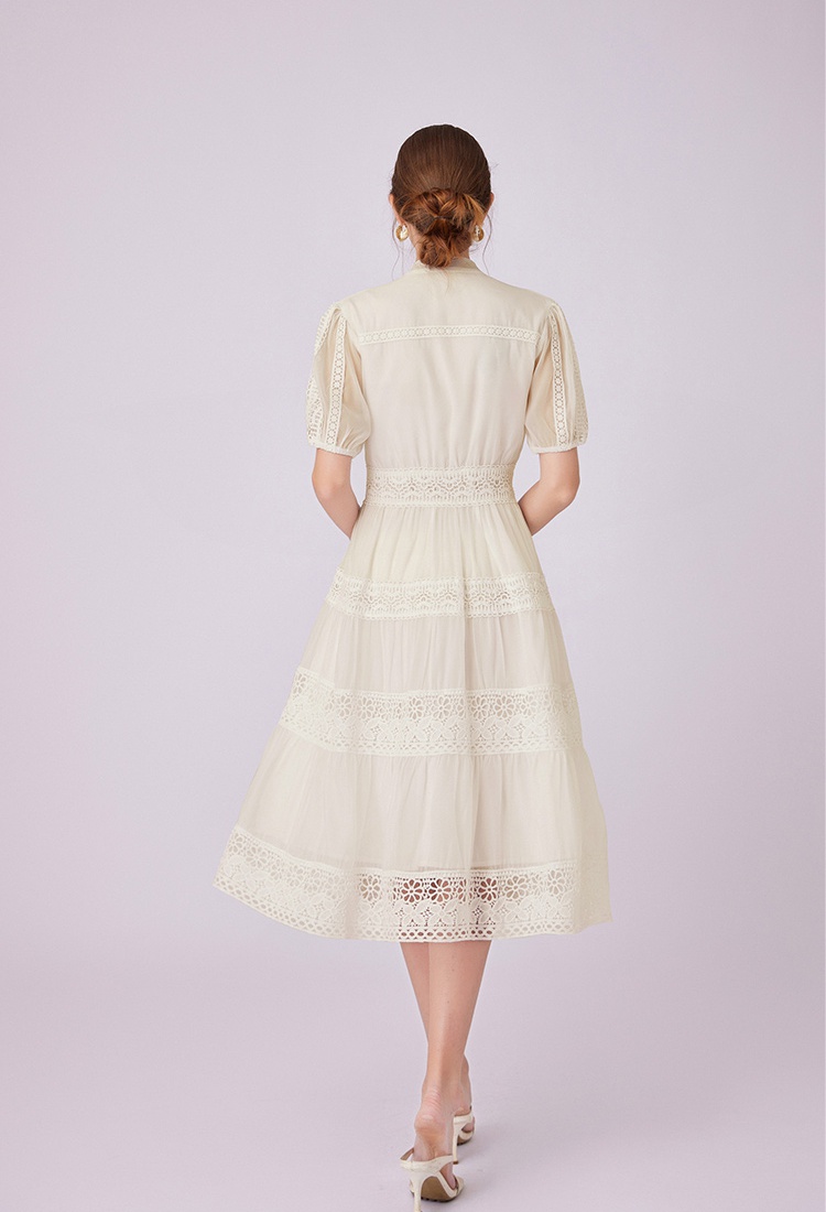 Lace retro France style splice V-neck dress