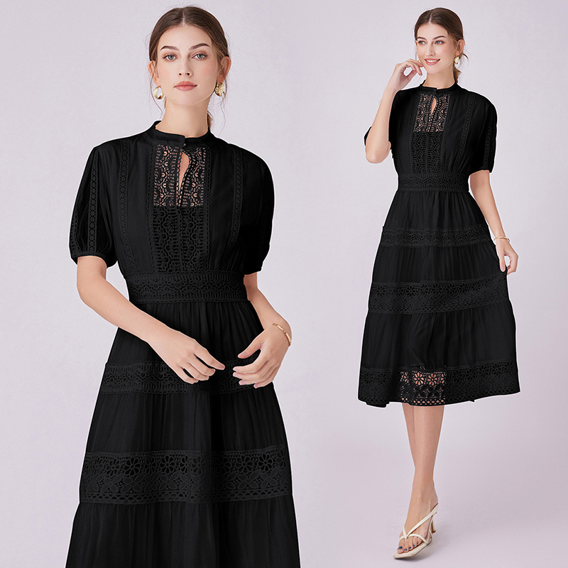 Retro lace short sleeve France style splice V-neck dress