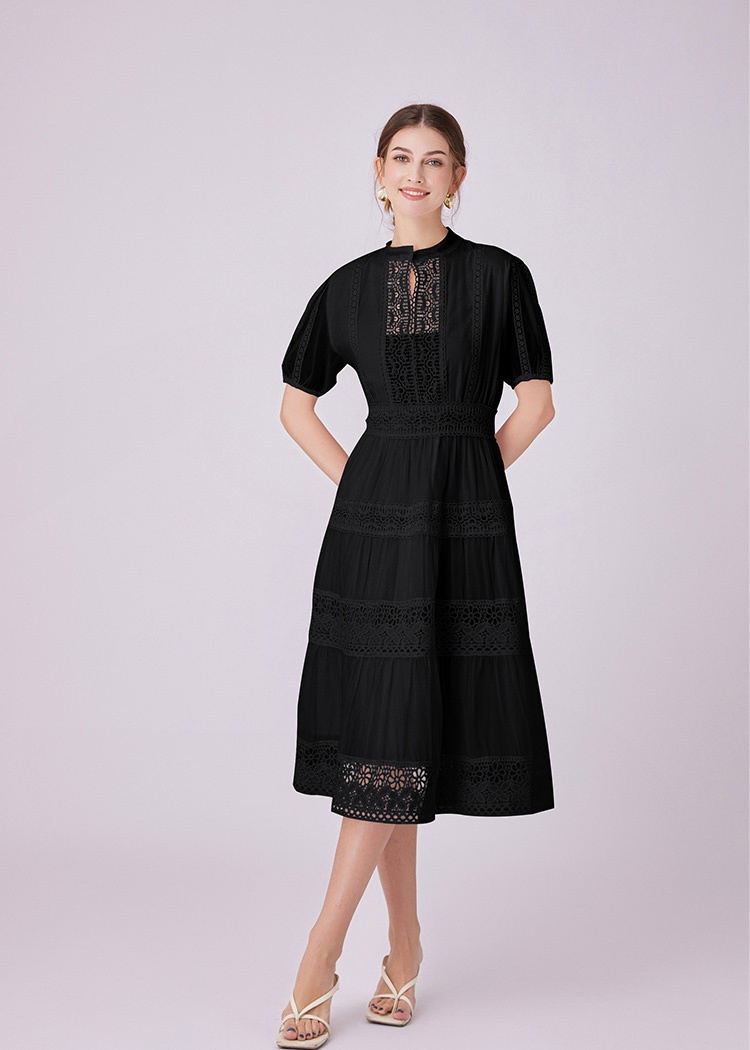 Retro lace short sleeve France style splice V-neck dress