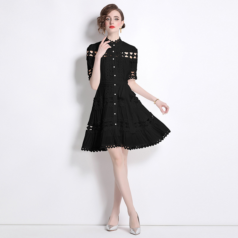 Hollow short sleeve cstand collar dress