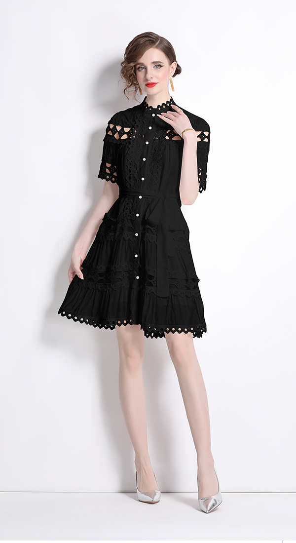 Hollow short sleeve cstand collar dress