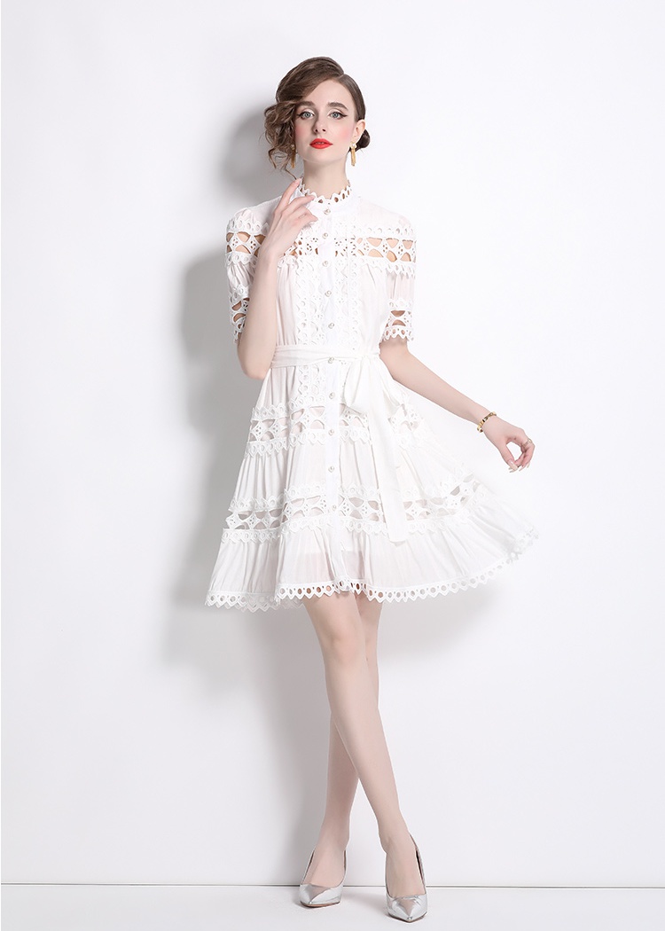 Hollow short sleeve cstand collar dress