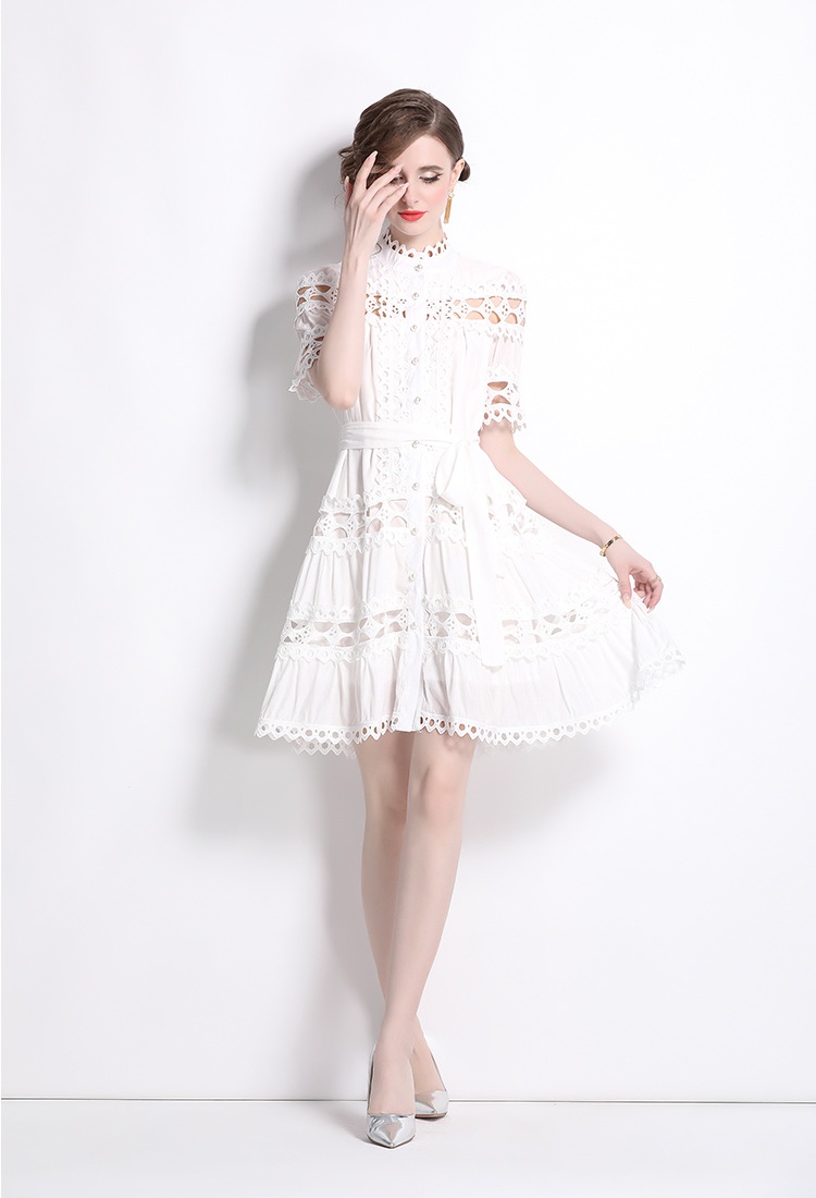 Hollow short sleeve cstand collar dress