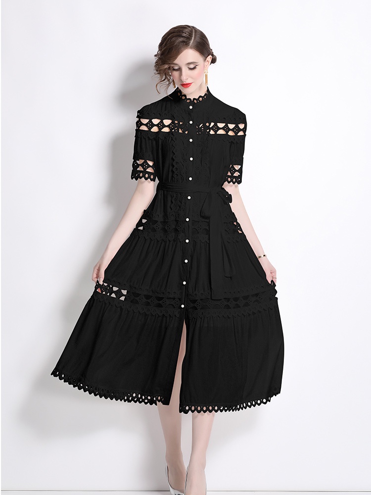 Court style short sleeve cstand collar spring dress