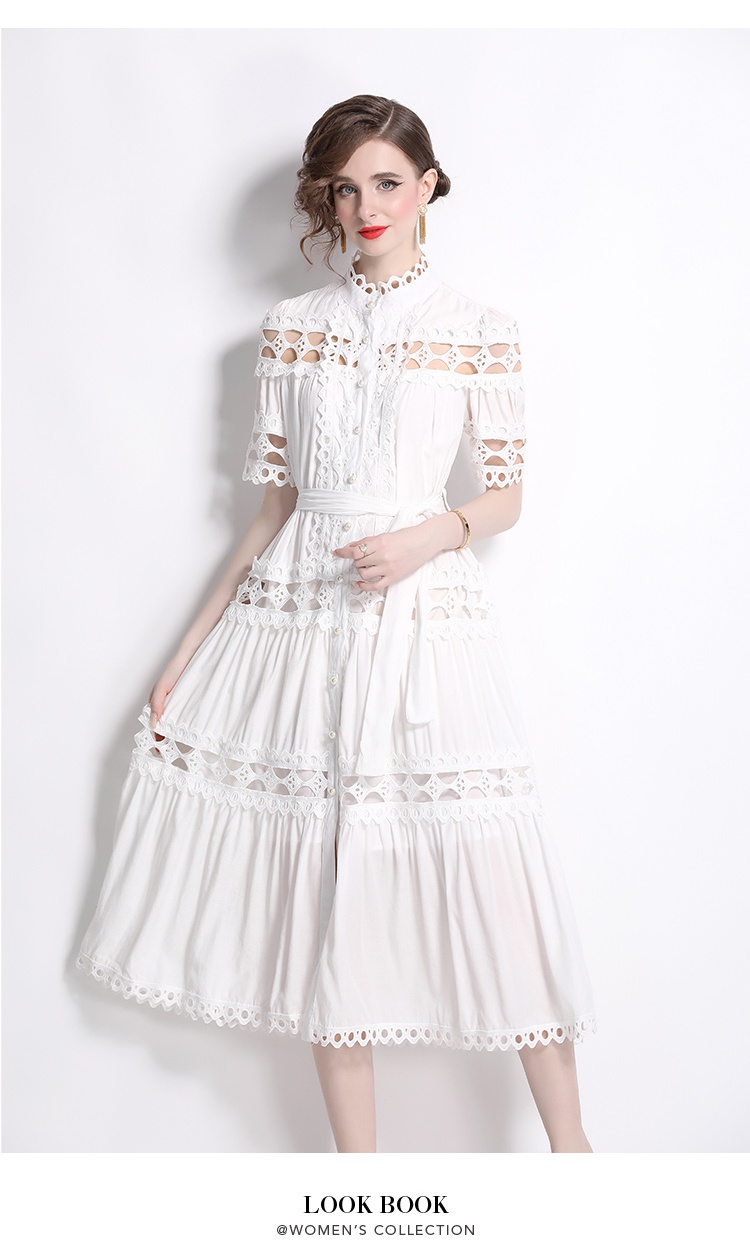 Court style short sleeve cstand collar spring dress