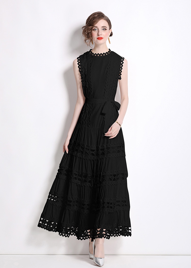 Hollow lace round neck formal dress elegant long sleeveless dress