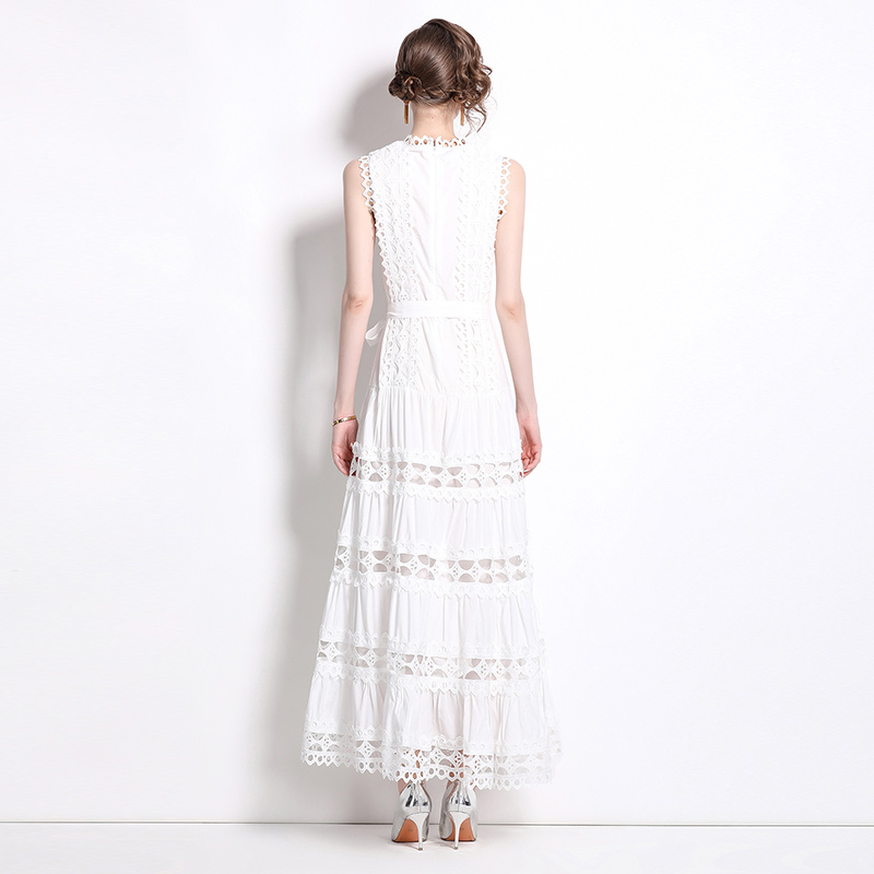 Hollow lace round neck formal dress elegant long sleeveless dress