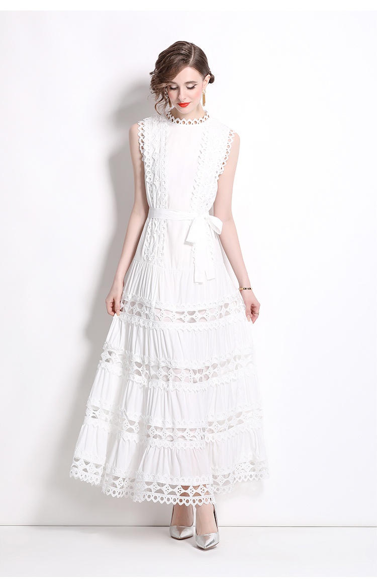 Hollow lace round neck formal dress elegant long sleeveless dress