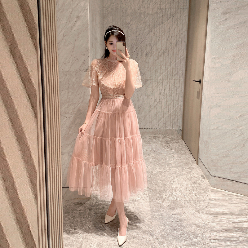 Pink summer slim pinched waist dress for women