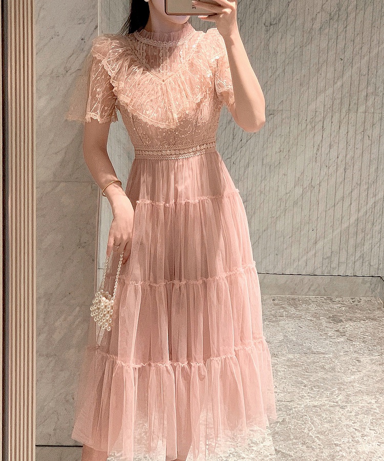 Pink summer slim pinched waist dress for women