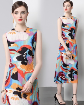 Round neck art niche straight printing dress