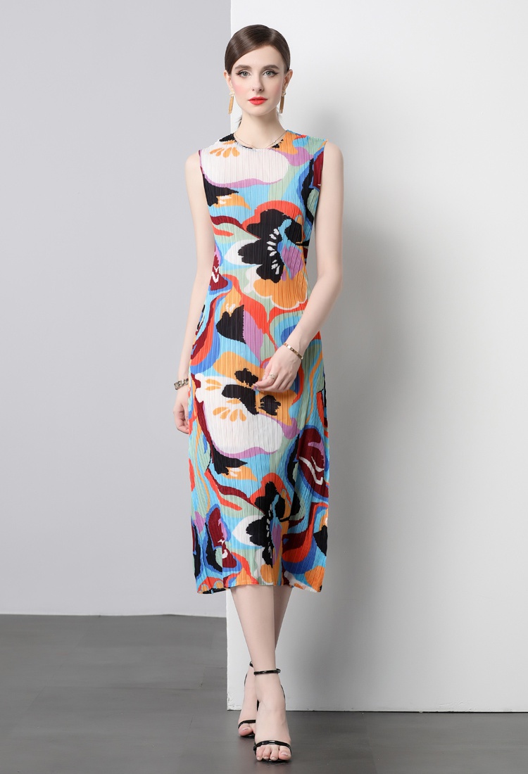 Round neck art niche straight printing dress