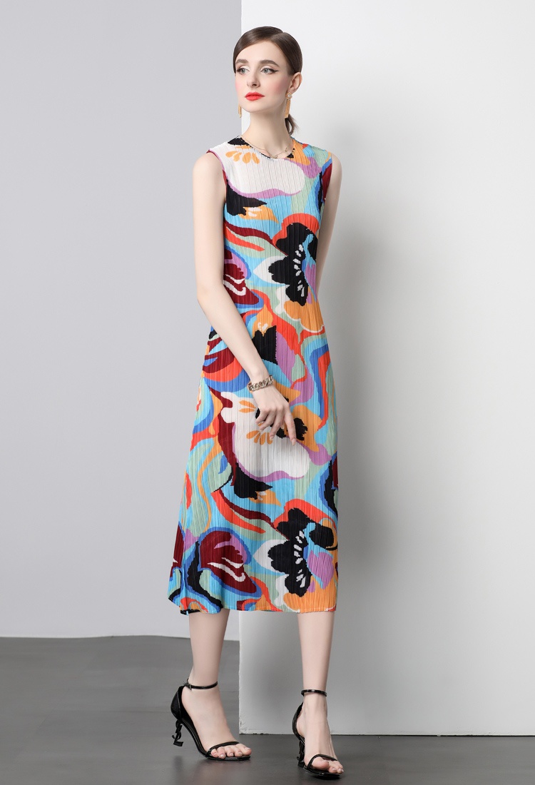 Round neck art niche straight printing dress