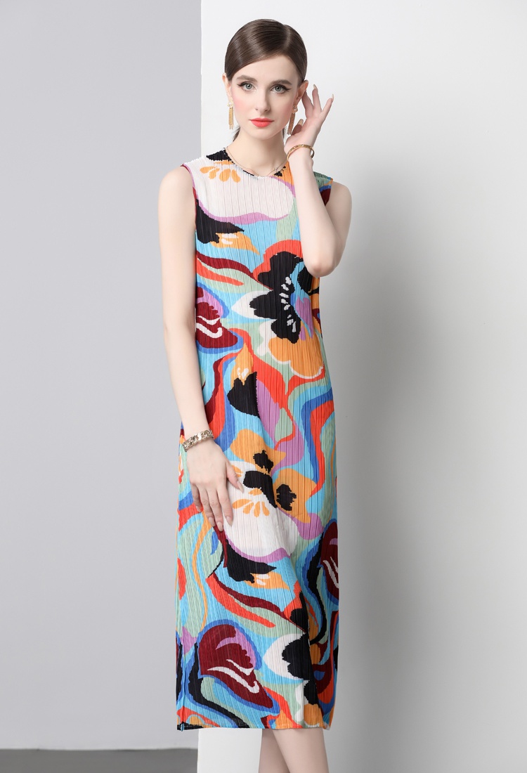 Round neck art niche straight printing dress