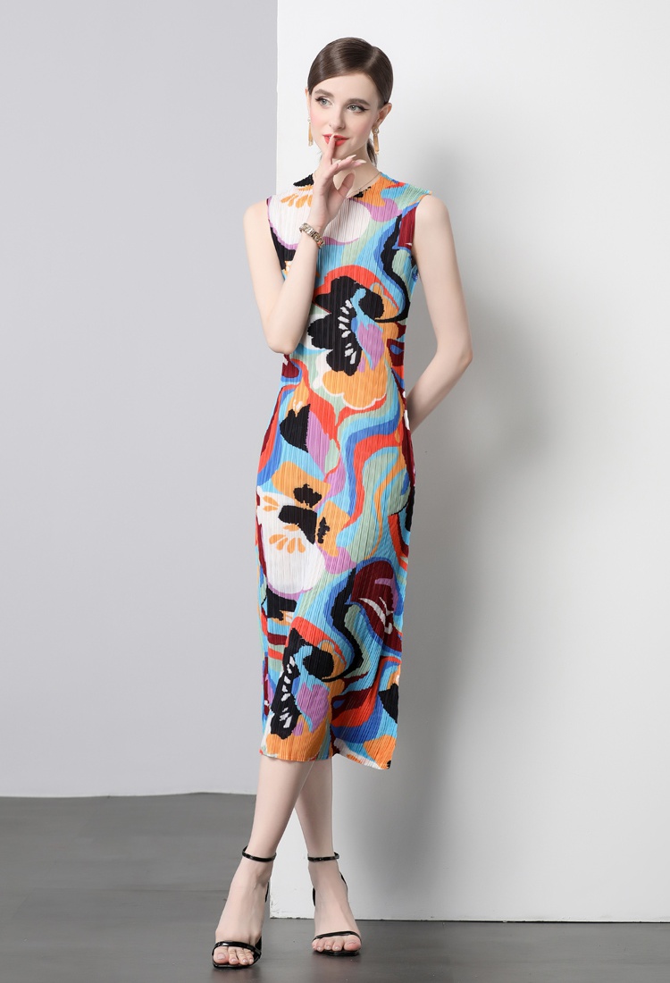 Round neck art niche straight printing dress