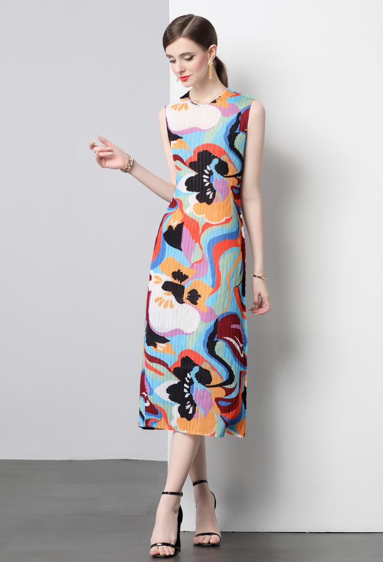 Round neck art niche straight printing dress