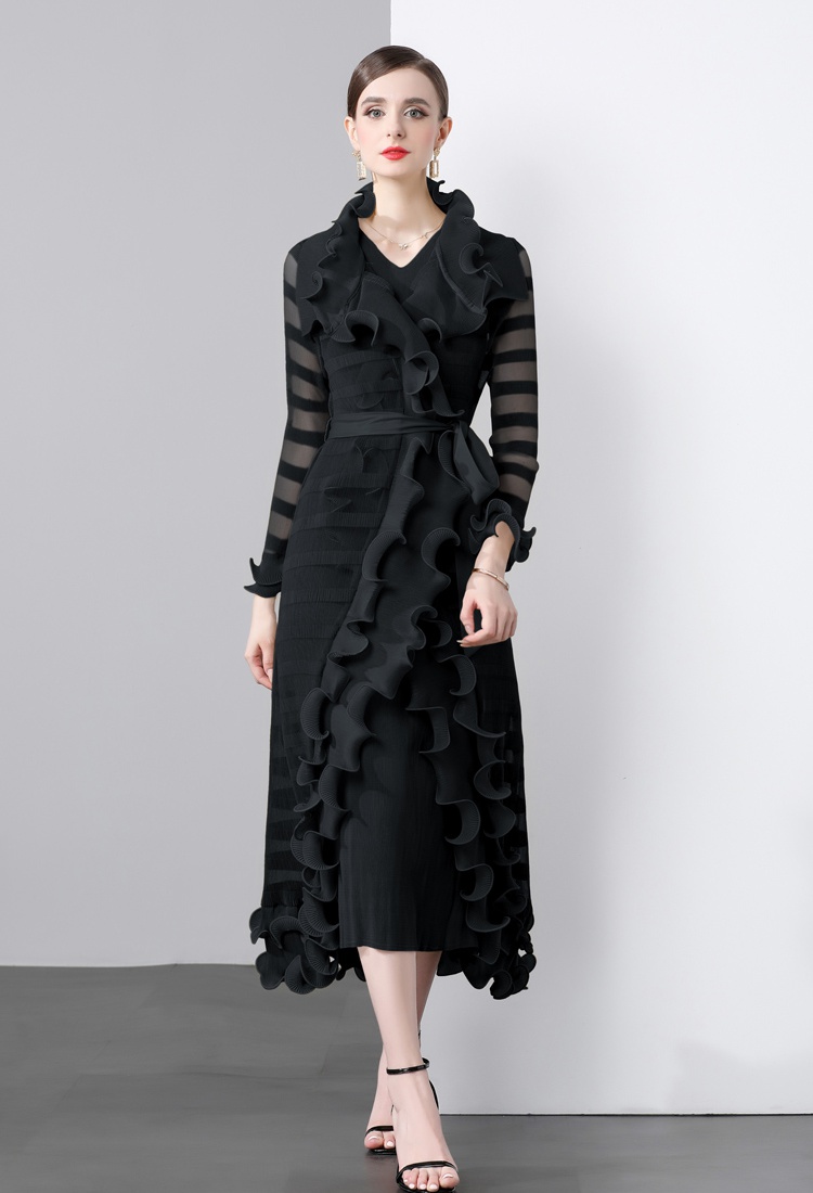 A-line V-neck wave edge coat silk long dress 2pcs set