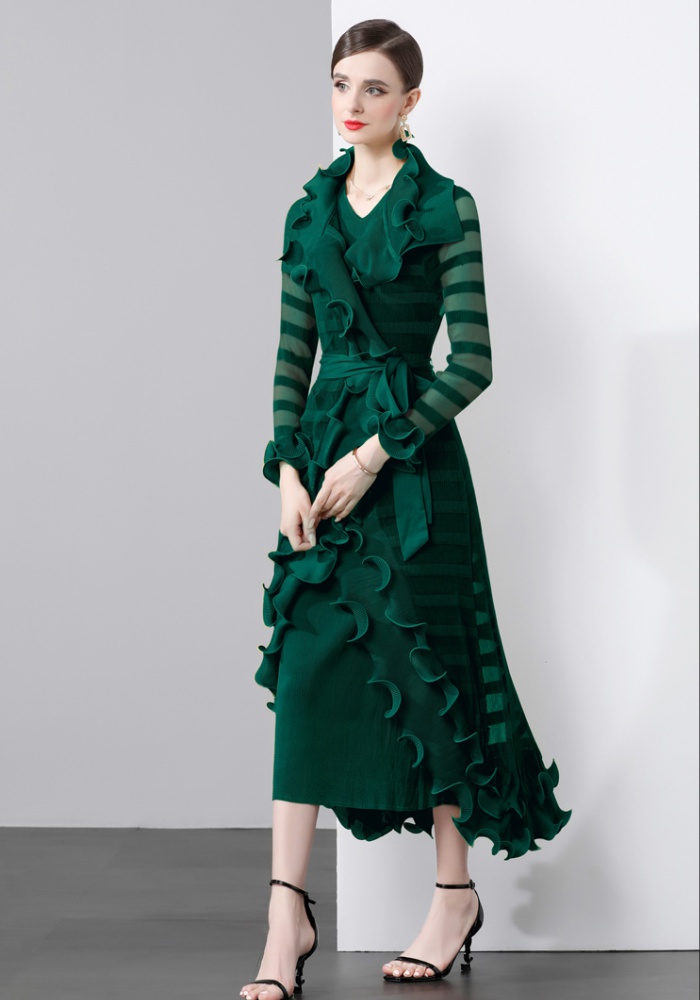 A-line V-neck wave edge coat silk long dress 2pcs set