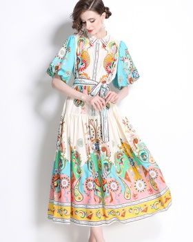 Retro lapel long dress cotton linen printing dress