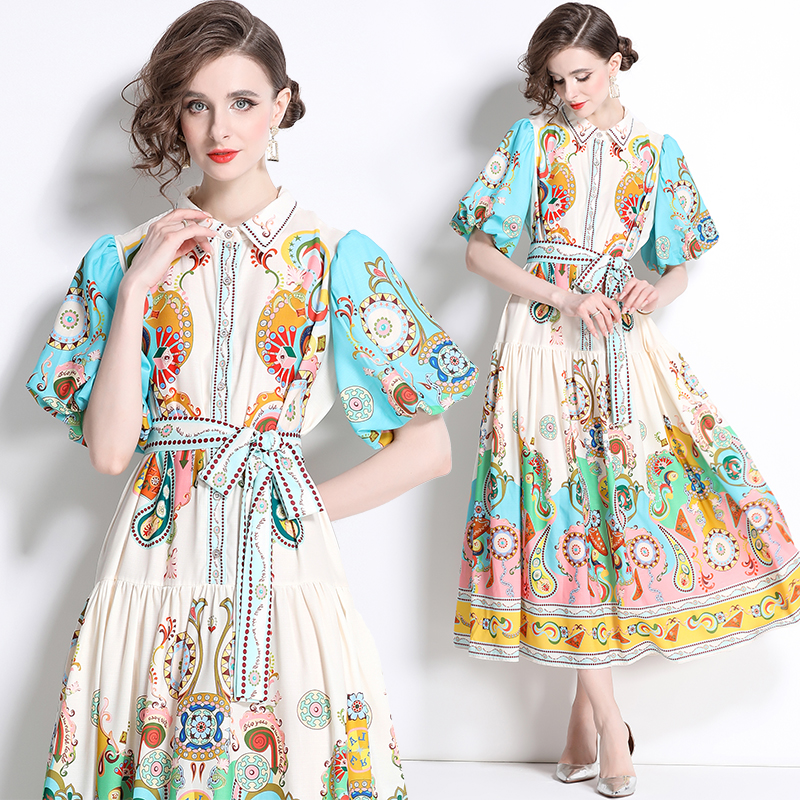 Retro lapel long dress cotton linen printing dress