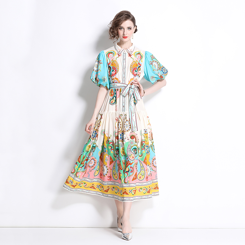 Retro lapel long dress cotton linen printing dress